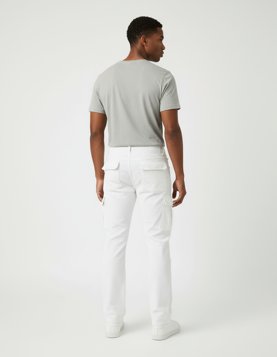 Pantalon Cargo Blanc Côtelé Slim Poches Multiples Homme - Cordé - vue 2