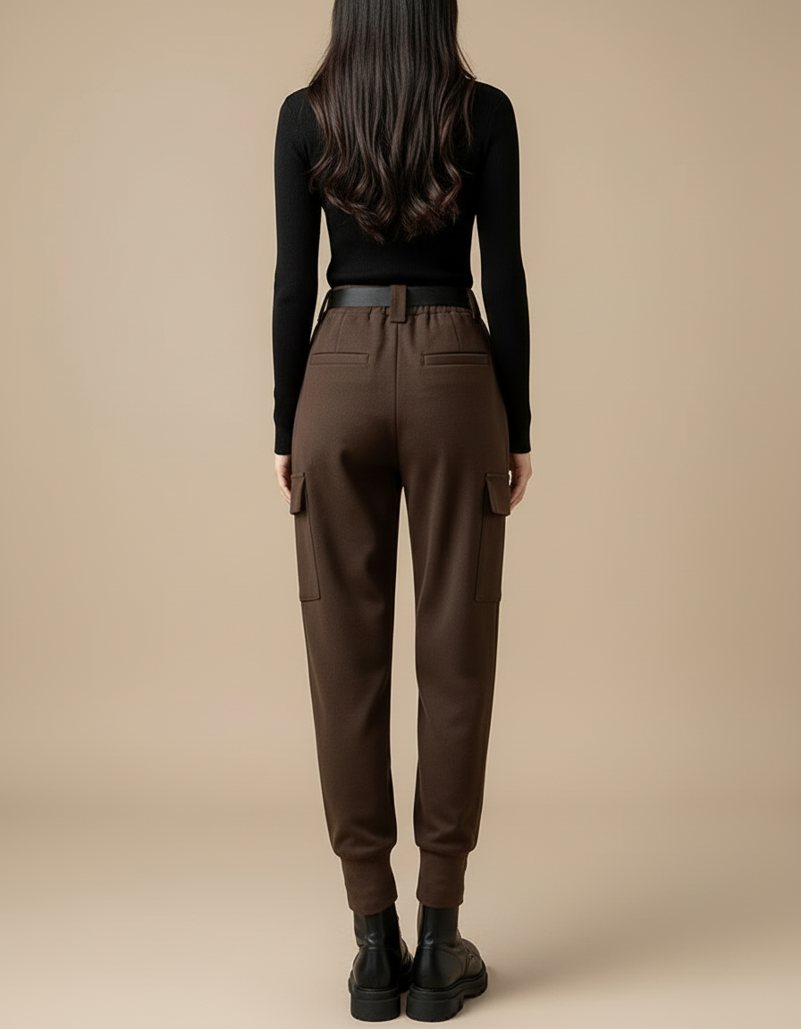 Pantalon Cargo Marron Harem Laine Ceinturé Femme - vue 2
