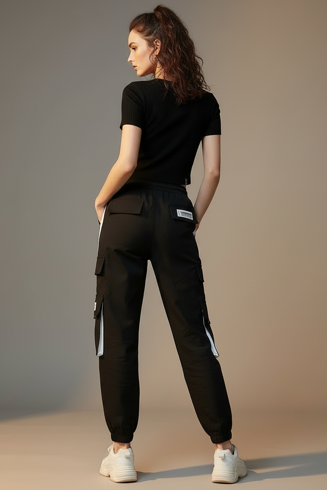 Pantalon Cargo Noir Décontracté Bandes Blanches Femme - Polyester - vue 2