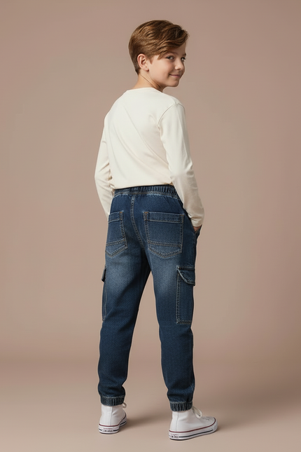 Pantalon Cargo Jean Bleu Cordon Cheville Enfant Garçon - vue 2