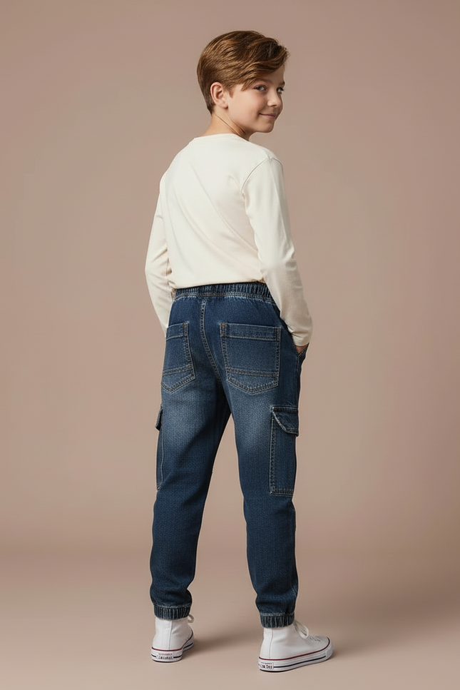 Pantalon Cargo Jean Bleu Cordon Cheville Enfant Garçon - vue 2