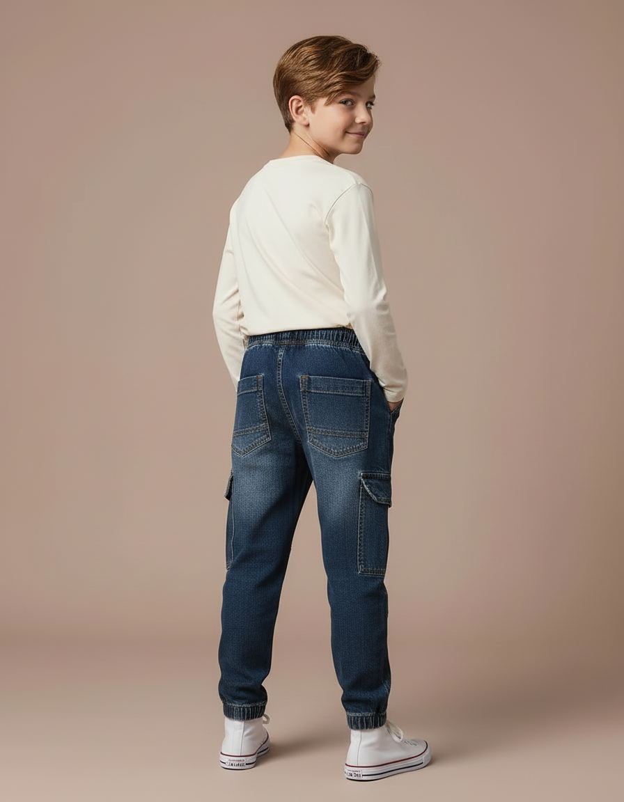 Pantalon Cargo Jean Bleu Cordon Cheville Enfant Garçon - vue 2