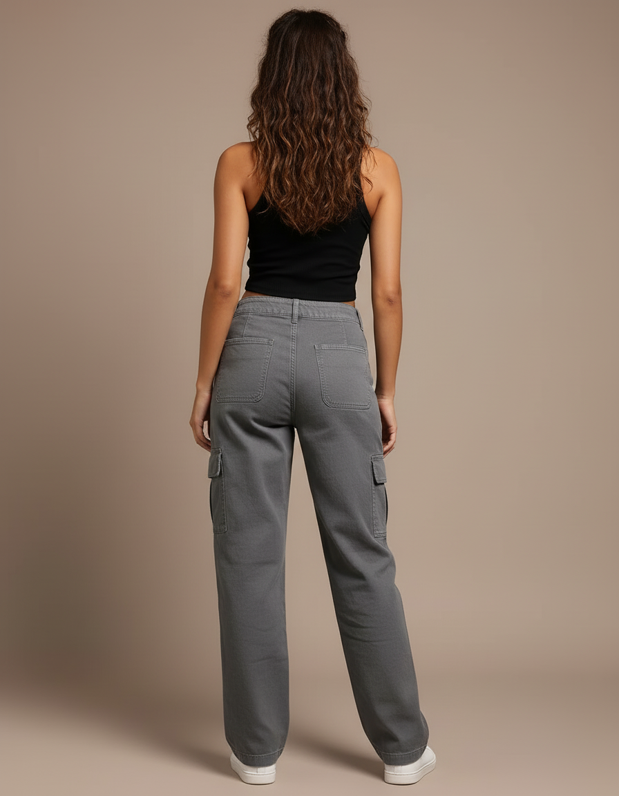 Pantalon Cargo Gris Ample Multipoches Coton - vue 2