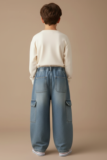 Pantalon Cargo Jean Ample Multipoches Enfant - Bleu - vue 2