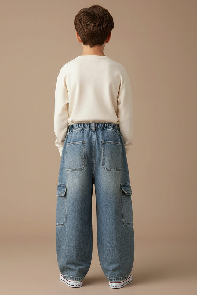 Pantalon Cargo Jean Ample Multipoches Enfant - Bleu - vue 2