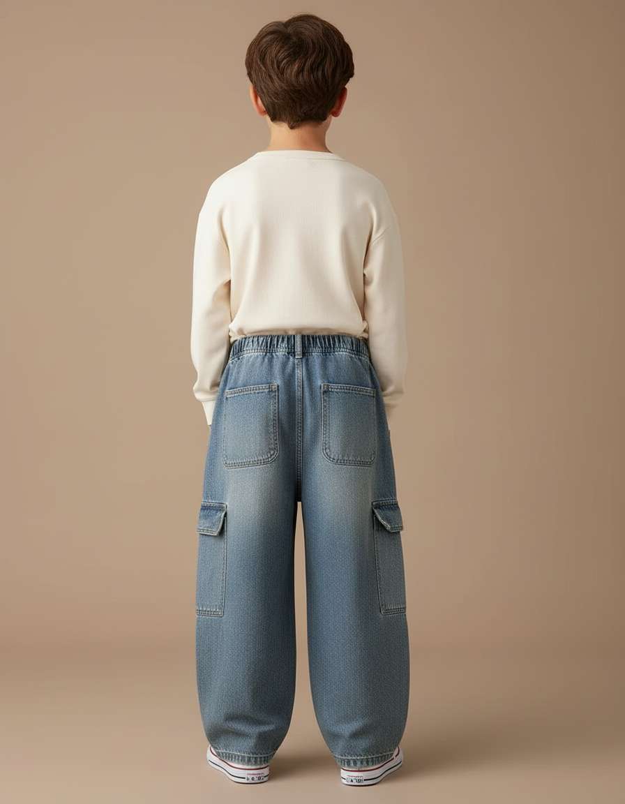 Pantalon Cargo Jean Ample Multipoches Enfant - Bleu - vue 2
