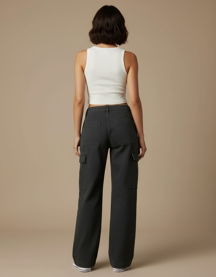 Pantalon Cargo Gris Ample Femme Poches - Toile - vue 2