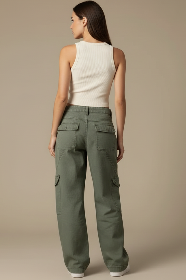 Pantalon Cargo Vert Ample Décontracté Poches Femme - Kaki Toile - vue 2