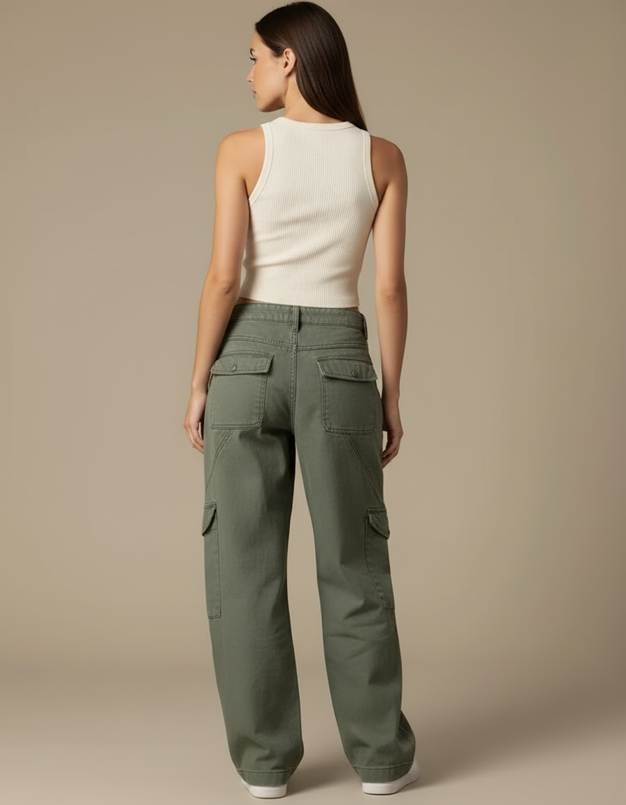 Pantalon Cargo Vert Ample Décontracté Poches Femme - Kaki Toile - vue 2