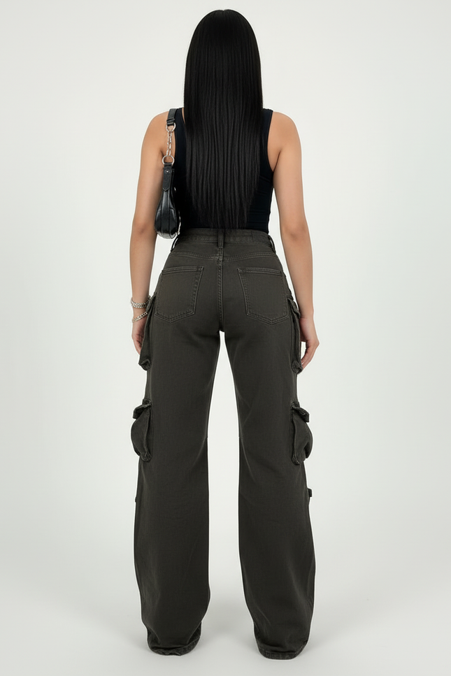 Pantalon Cargo Kaki Ample Multipoches Femme Y2K - Toile - vue 2