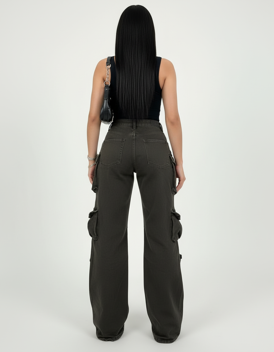 Pantalon Cargo Kaki Ample Multipoches Femme Y2K - Toile - vue 2