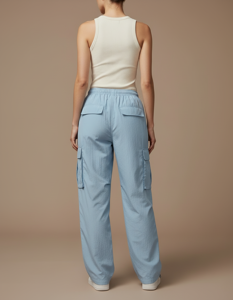 Pantalon Cargo Bleu Ciel Ample Fluide Cordon Femme - Polyester - vue 2
