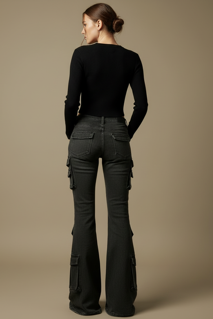 Pantalon Cargo Noir Délavé Multipoches Évasé Taille Basse - Jean - vue 2