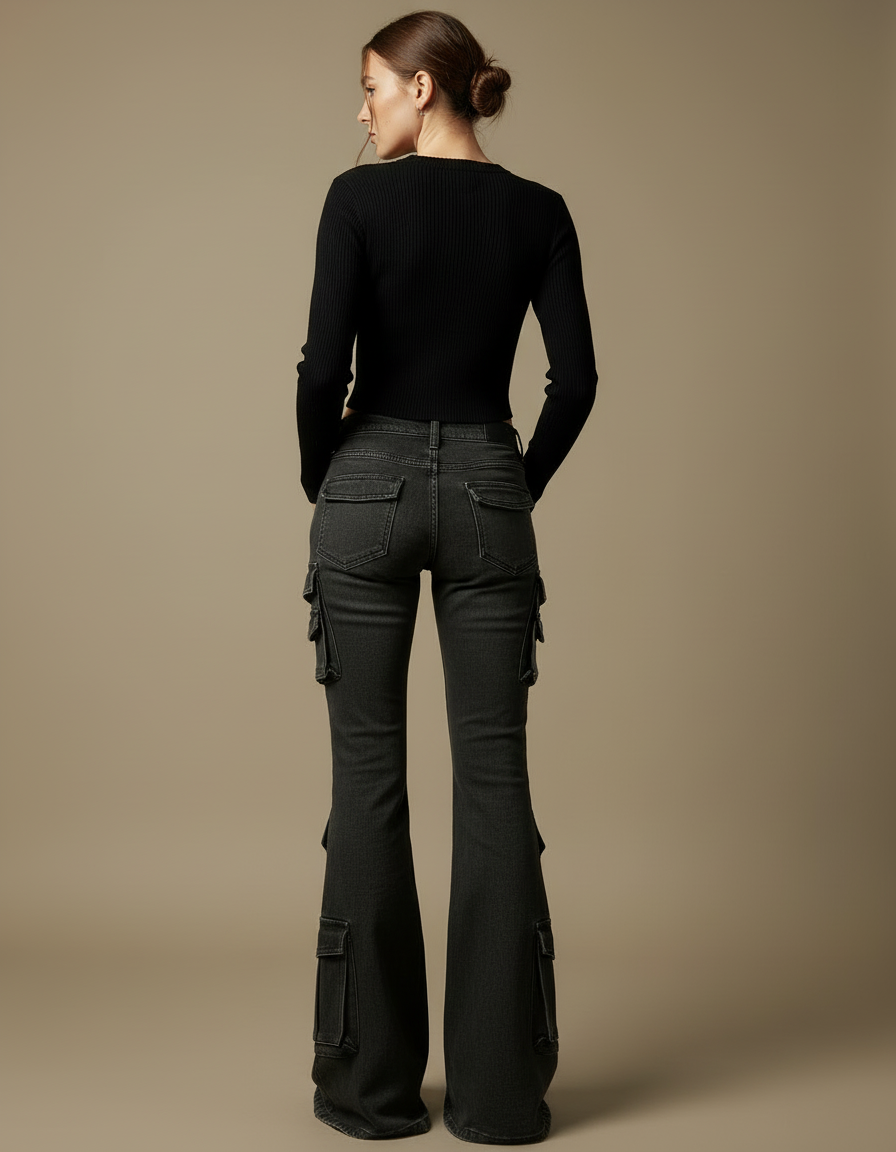 Pantalon Cargo Noir Délavé Multipoches Évasé Taille Basse - Jean - vue 2