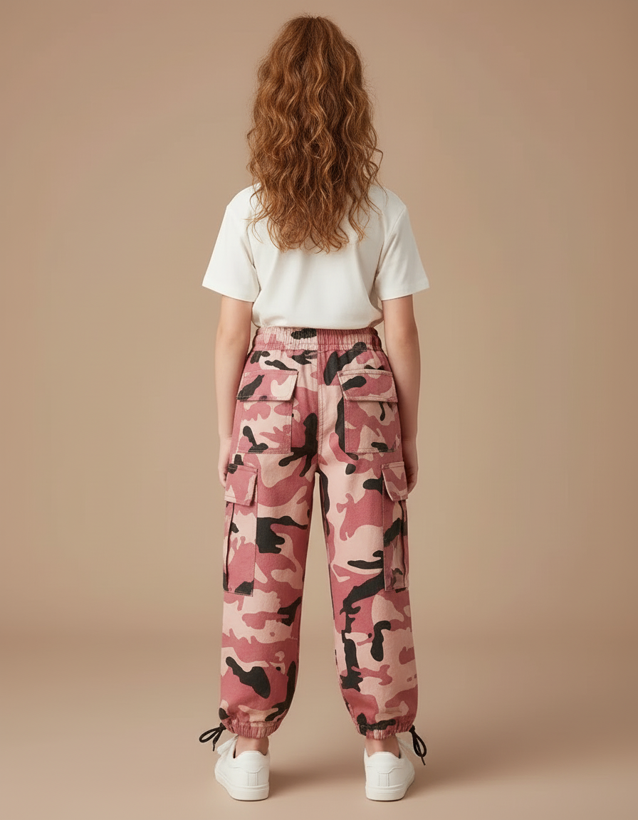 Pantalon Cargo Camouflage Rose Ample Enfant Fille - Toile - vue 2