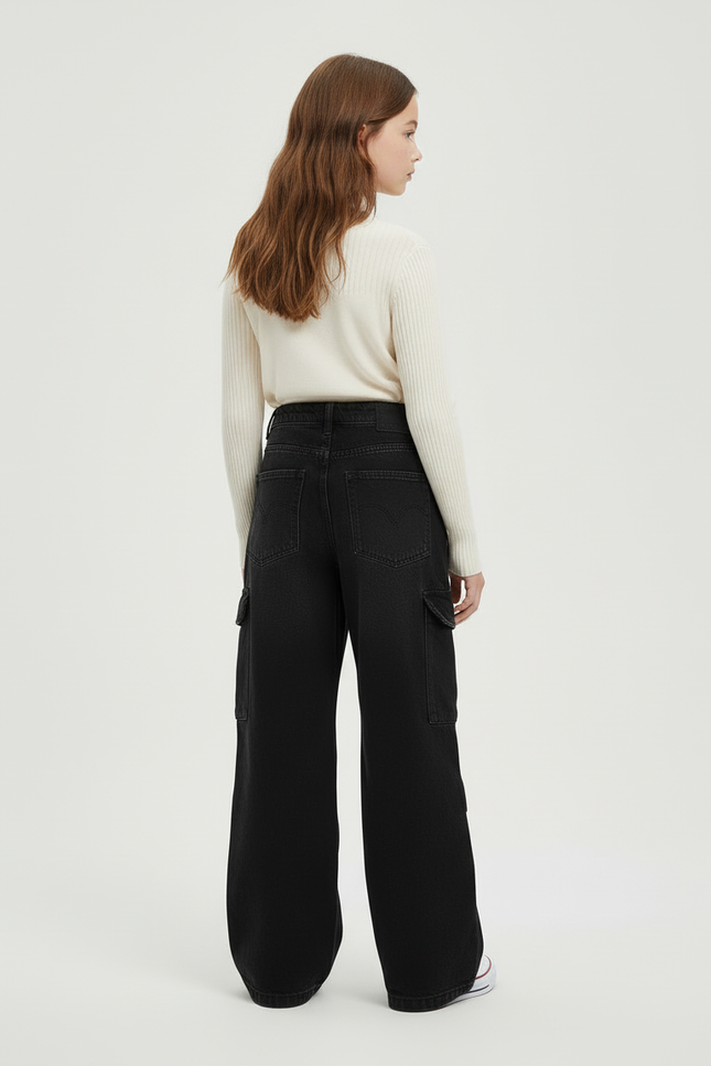 Pantalon Cargo Noir Ample Denim Fille Multipoches - Jean - vue 2