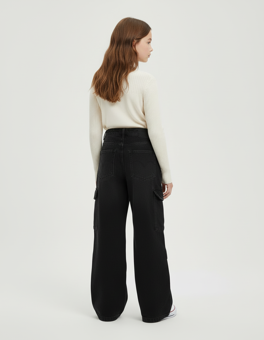 Pantalon Cargo Noir Ample Denim Fille Multipoches - Jean - vue 2