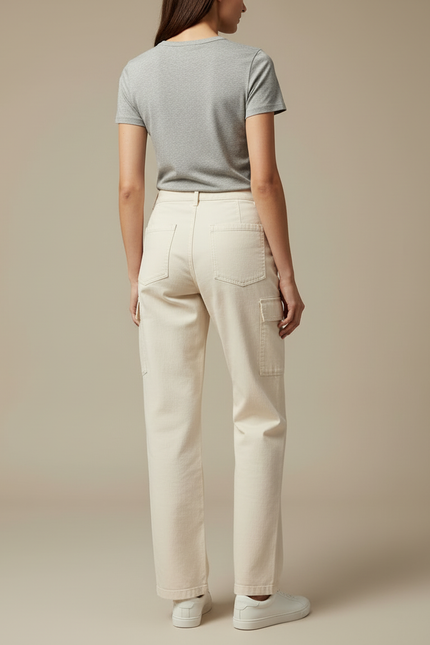 Pantalon Cargo Crème Ample Coton Taille Haute - Beige - vue 2