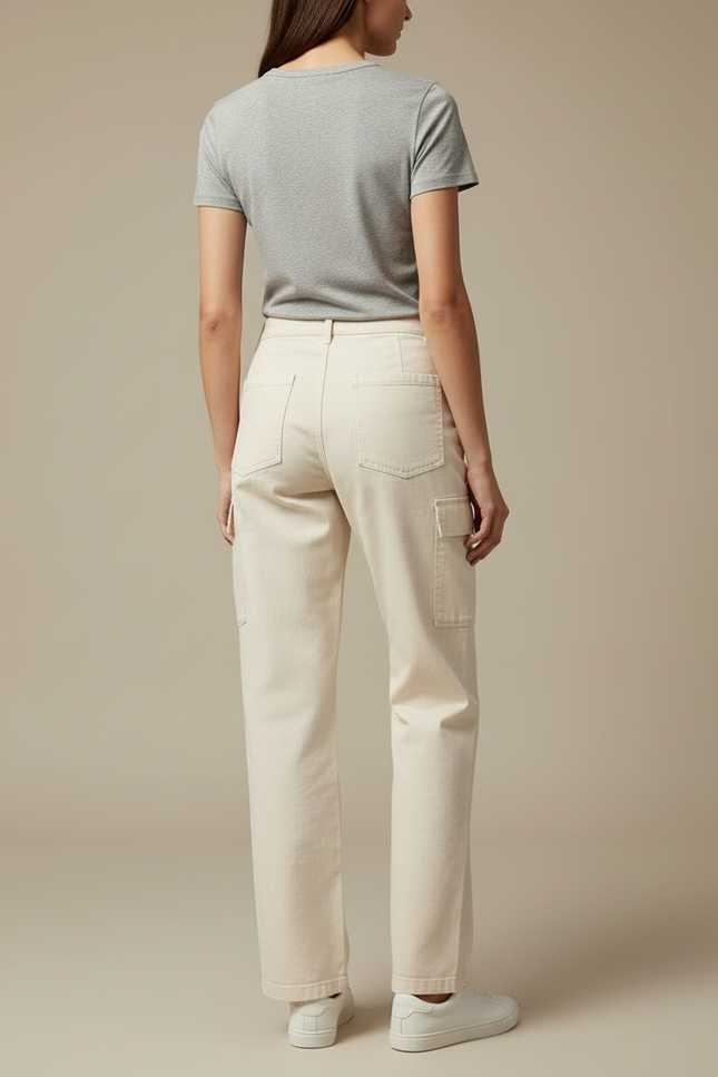 Pantalon Cargo Crème Ample Coton Taille Haute - Beige - vue 2