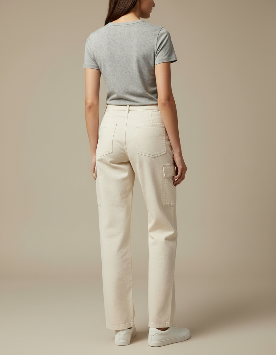 Pantalon Cargo Crème Ample Coton Taille Haute - Beige - vue 2