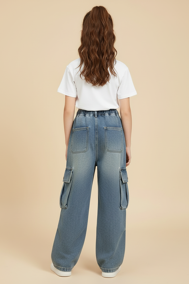 Pantalon Cargo Denim Ample Taille Élastique Enfant - Bleu Jean - vue 2