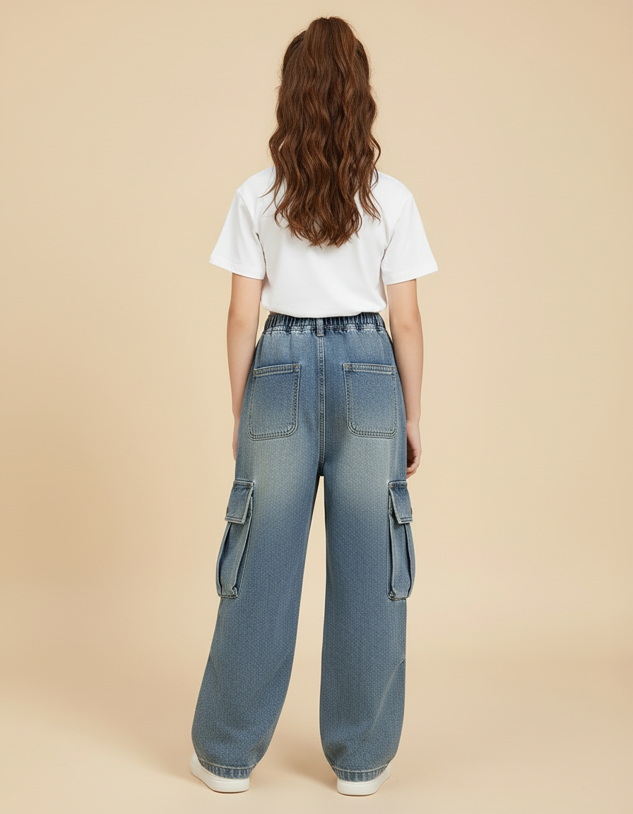 Pantalon Cargo Denim Ample Taille Élastique Enfant - Bleu Jean - vue 2