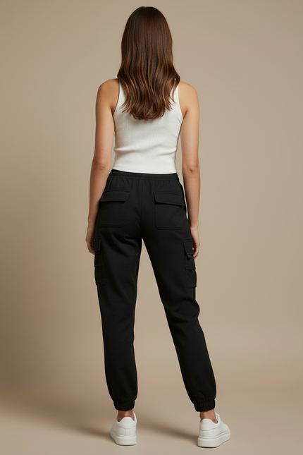 Pantalon Cargo Noir Femme Cordon Élastique Jogger - Polyester - vue 2