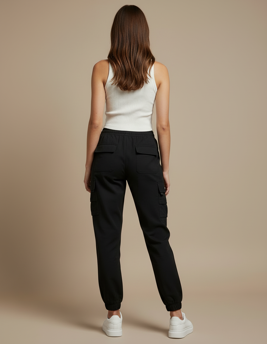 Pantalon Cargo Noir Femme Cordon Élastique Jogger - Polyester - vue 2