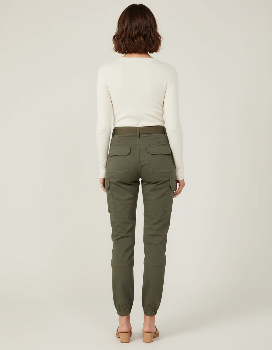 Pantalon Cargo Kaki Ample Jogger Femme Ceinturé - Toile - vue 2