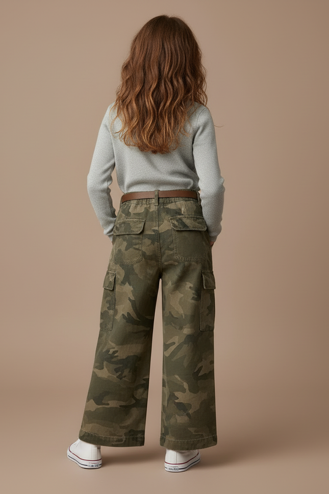 Pantalon Cargo Camouflage Ample Ceinturé Fille - Kaki Toile - vue 2
