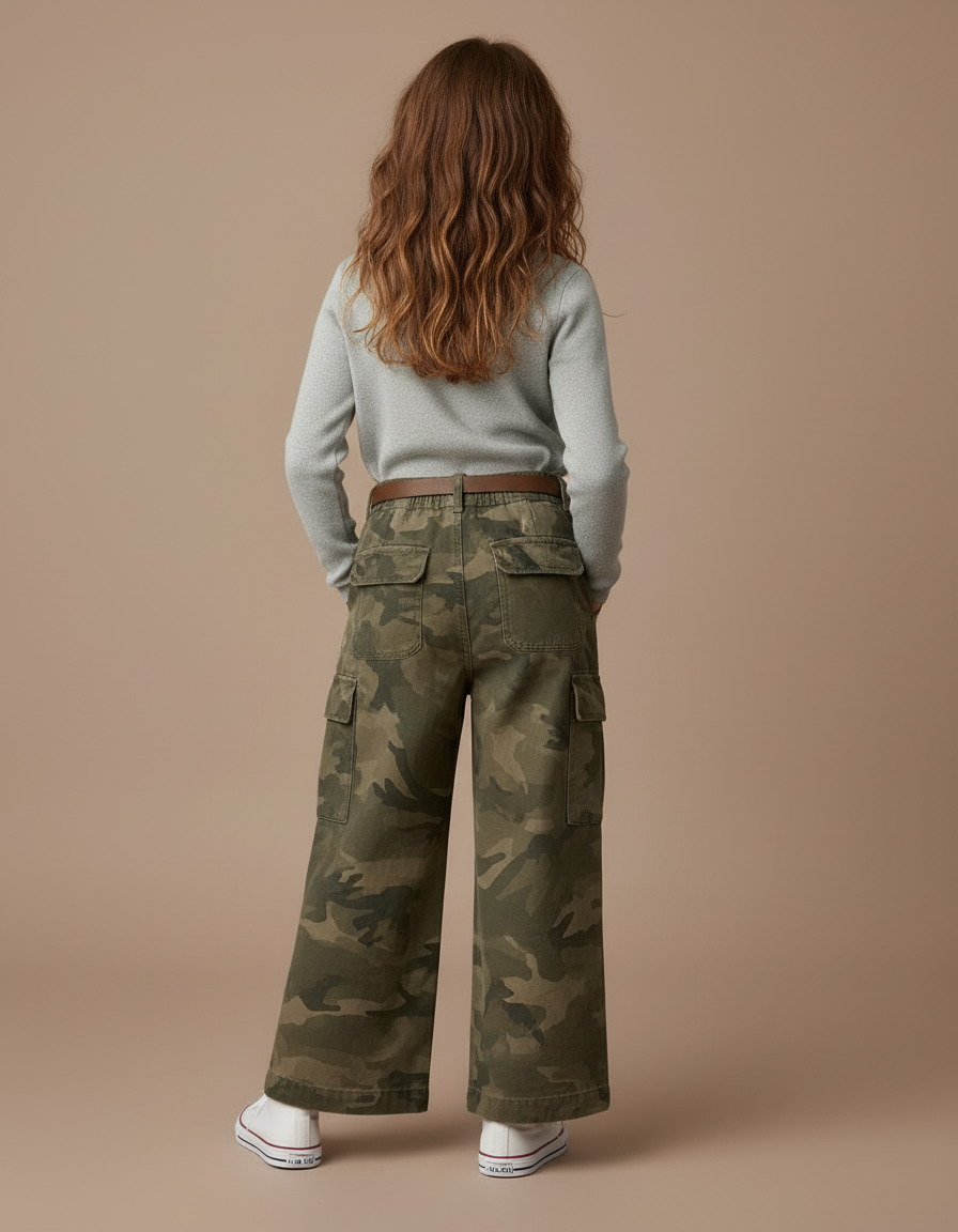Pantalon Cargo Camouflage Ample Ceinturé Fille - Kaki Toile - vue 2