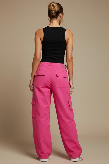Pantalon Cargo Ample Rose Vif Taille Haute Femme - Toile - vue 2