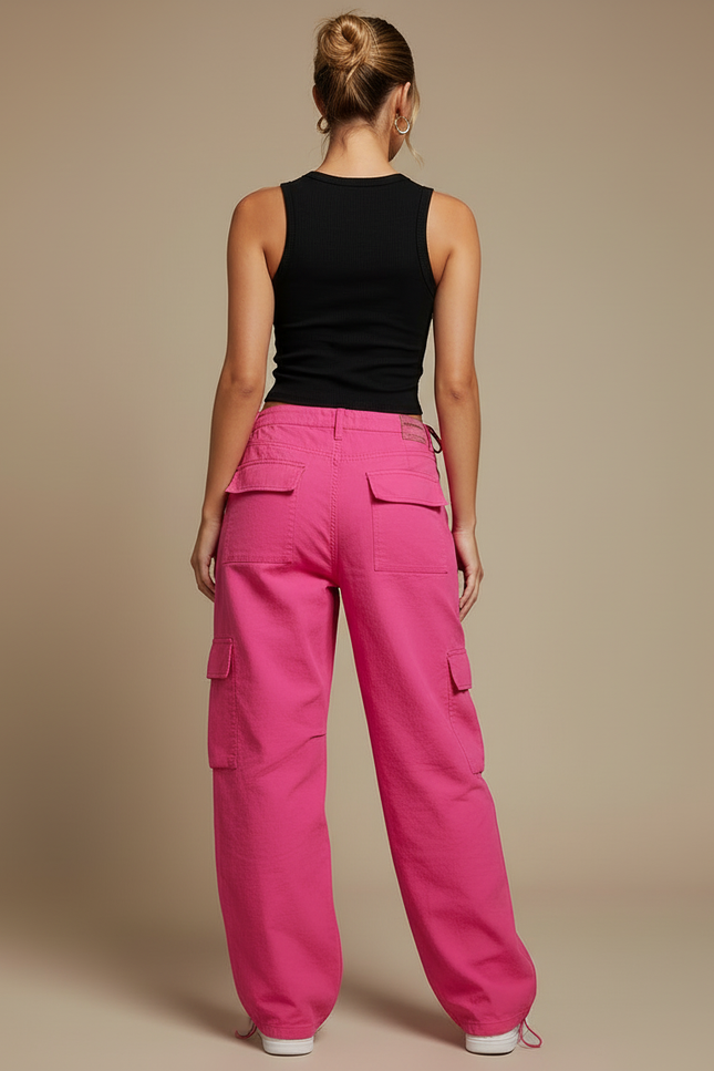 Pantalon Cargo Ample Rose Vif Taille Haute Femme - Toile - vue 2