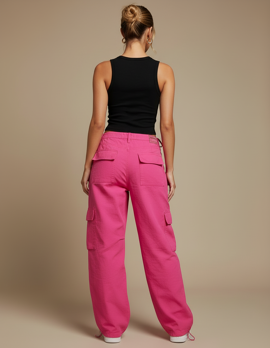 Pantalon Cargo Ample Rose Vif Taille Haute Femme - Toile - vue 2