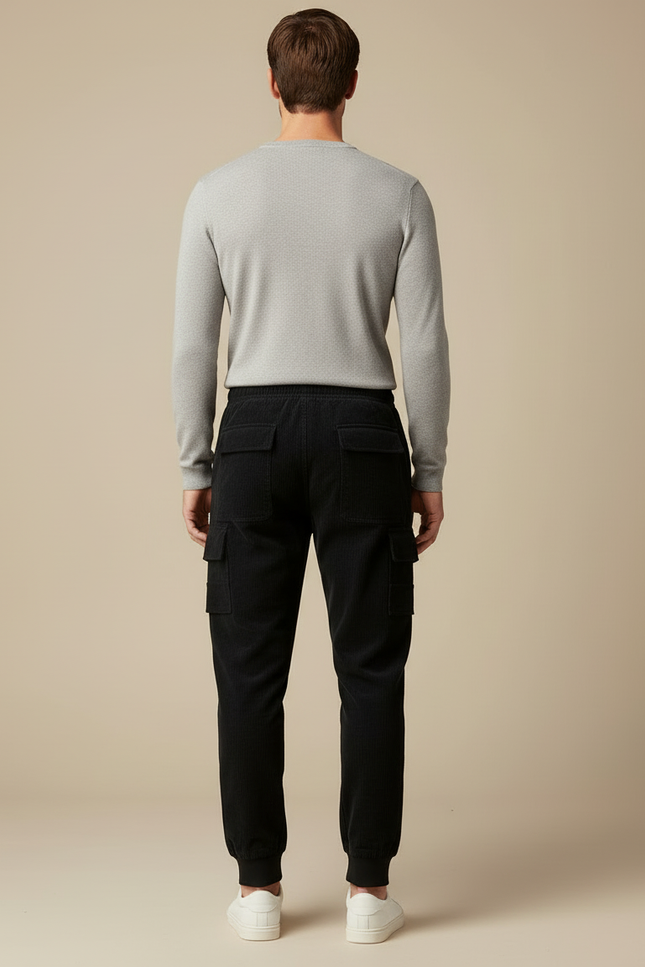 Pantalon Cargo Noir Côtelé Ample Homme Jogger - Cordé - vue 2