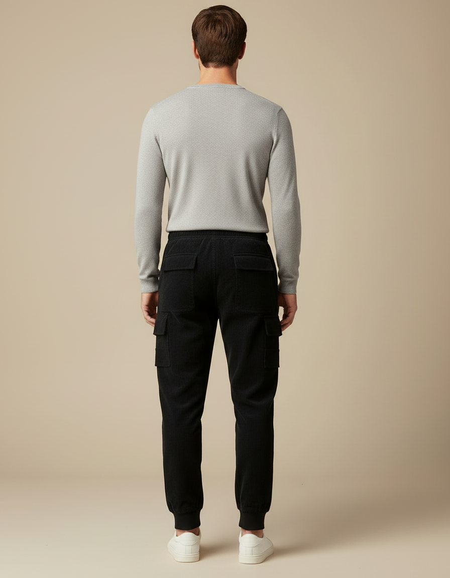 Pantalon Cargo Noir Côtelé Ample Homme Jogger - Cordé - vue 2