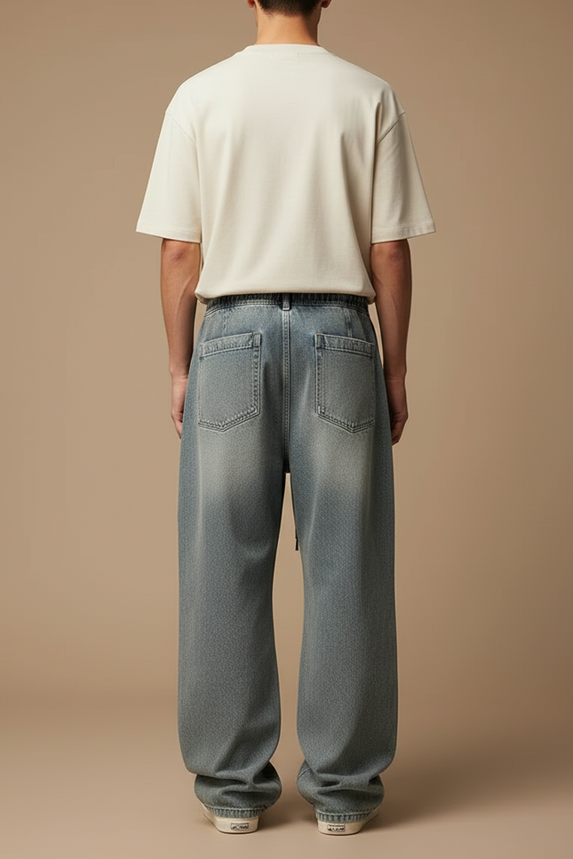 Pantalon Cargo Denim Ample Plissé Délavé Homme - Bleu Jean - vue 2