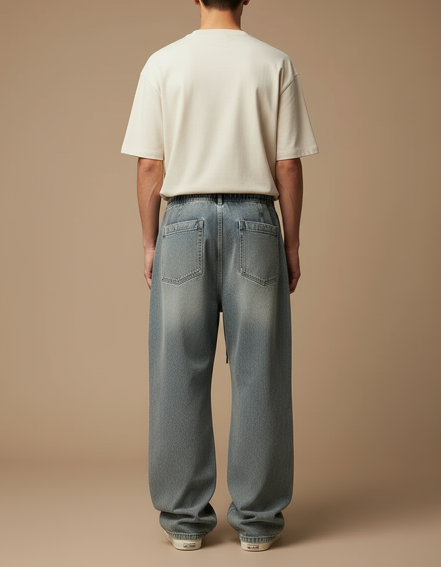 Pantalon Cargo Denim Ample Plissé Délavé Homme - Bleu Jean - vue 2