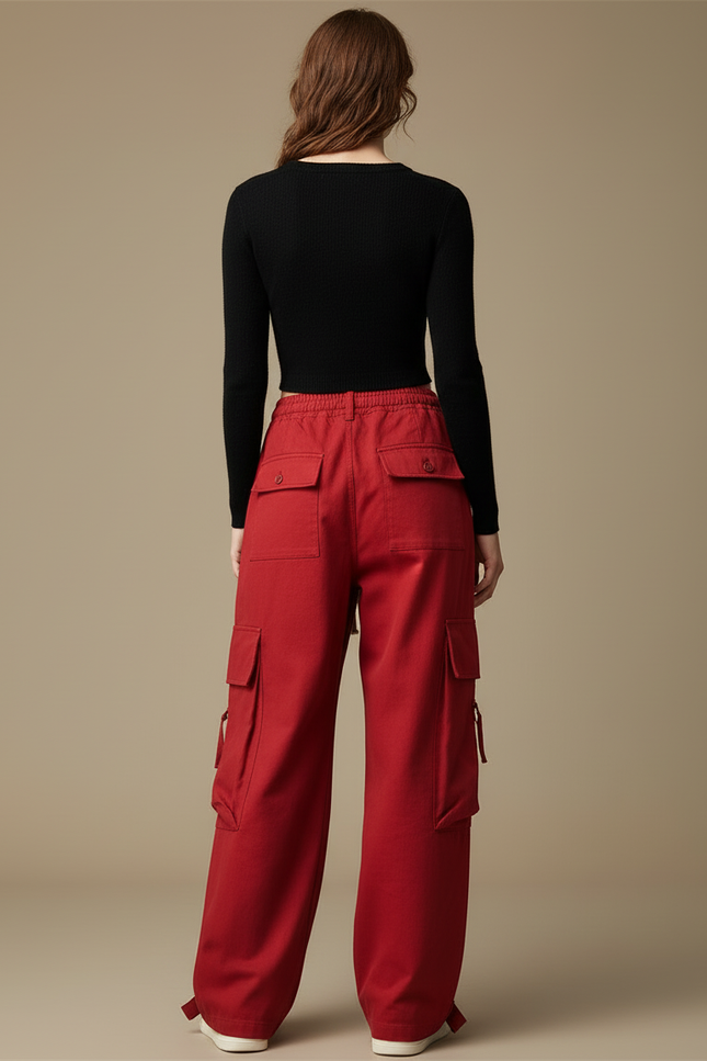 Pantalon Cargo Rouge Ample Multi-Poches Femme Hip Hop - Toile - vue 2
