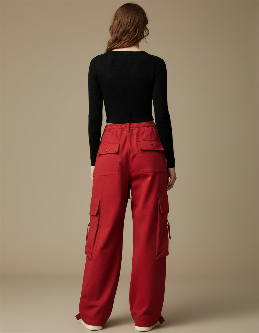 Pantalon Cargo Rouge Ample Multi-Poches Femme Hip Hop - Toile - vue 2
