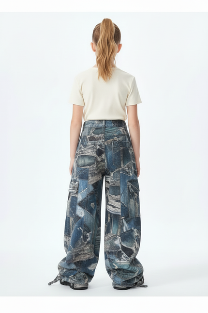 Pantalon Cargo Ample Denim Imprimé Patchwork Enfant - Jean - vue 2