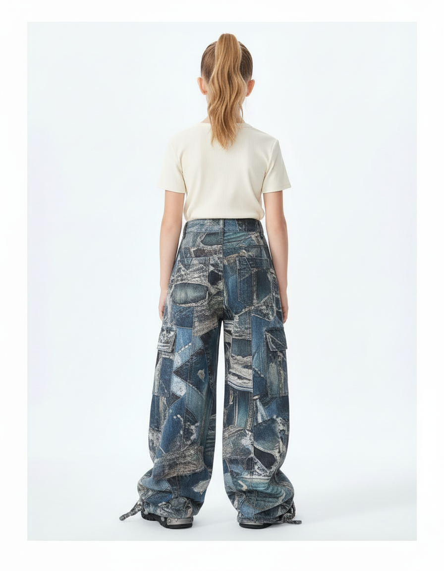 Pantalon Cargo Ample Denim Imprimé Patchwork Enfant - Jean - vue 2