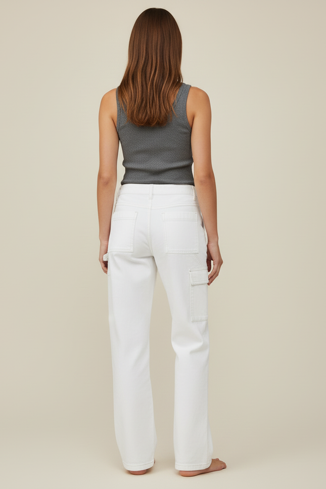 Pantalon Cargo Blanc Large Taille Haute Femme - Toile - vue 2