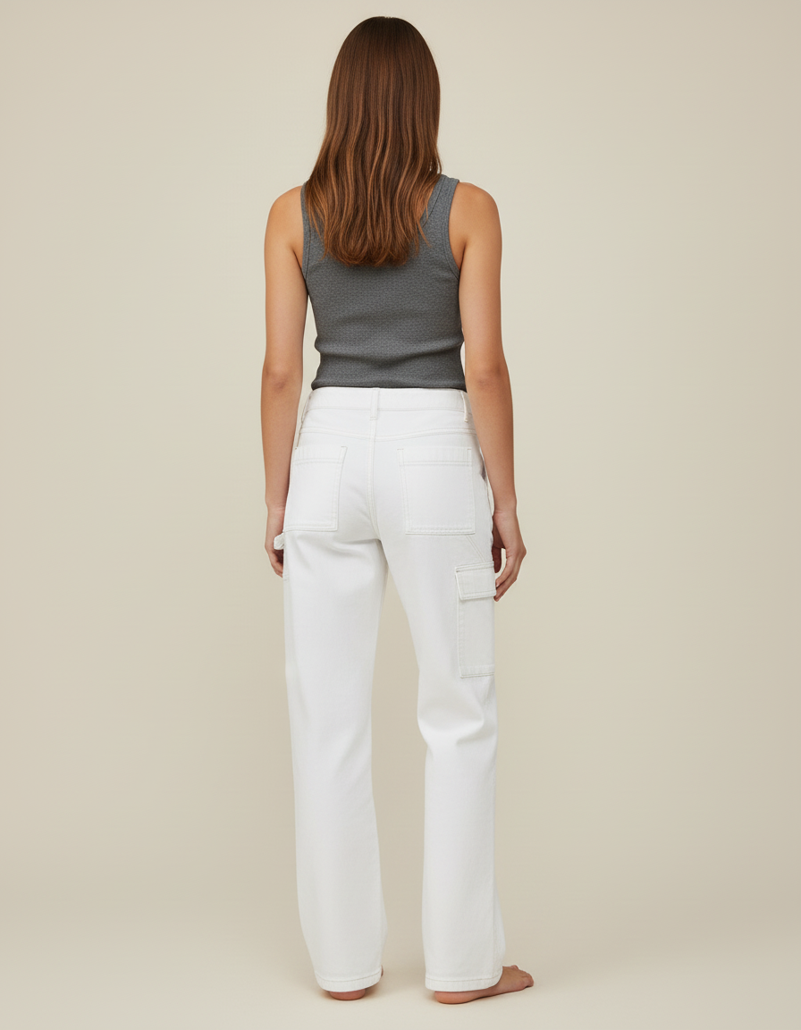 Pantalon Cargo Blanc Large Taille Haute Femme - Toile - vue 2