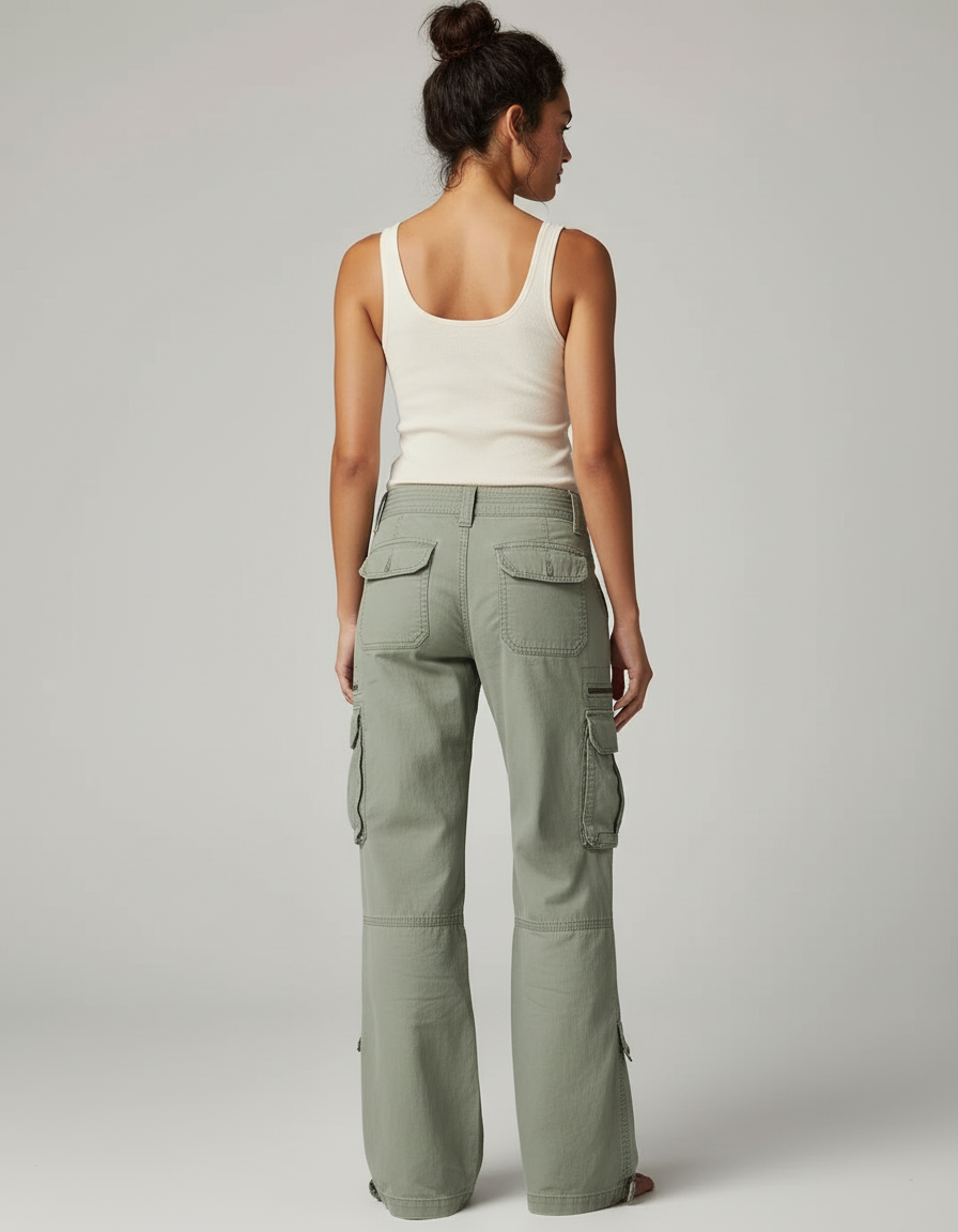 Pantalon Cargo Kaki Ample Multi-Poches Décontracté Femme - Toile - vue 2