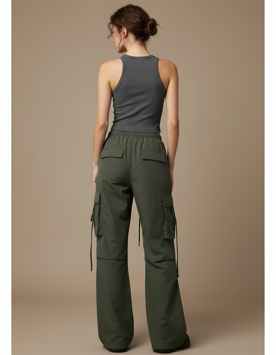 Pantalon Cargo Vert Militaire Ample Sportif Taille Haute - Polyester - vue 2