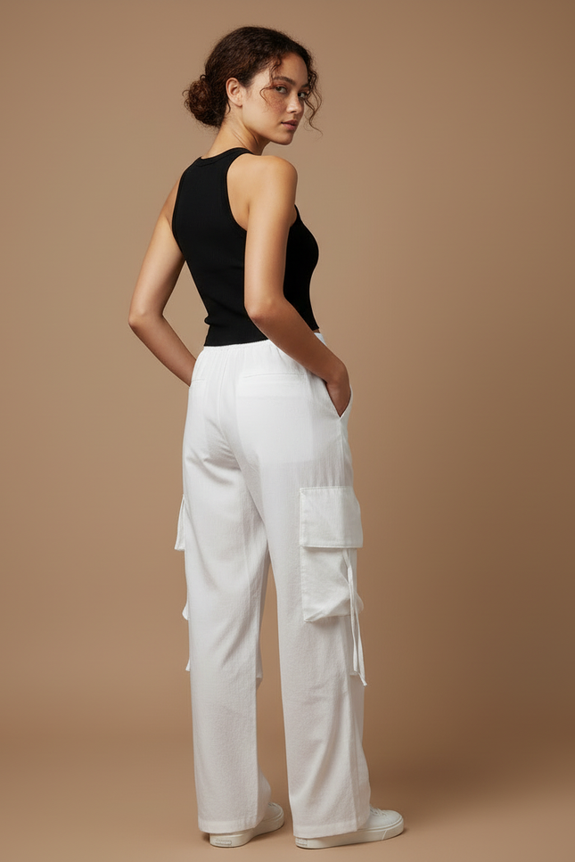Pantalon Cargo Blanc Ample Cordon Multipoches Femme - Toile - vue 2