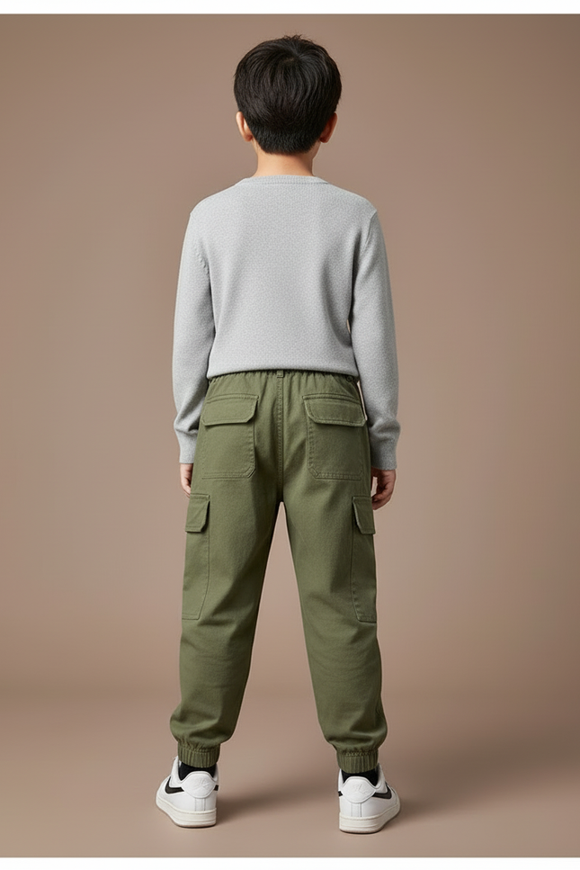 Pantalon Cargo Vert Militaire Décontracté Multipoches Enfant - Kaki Toile - vue 2