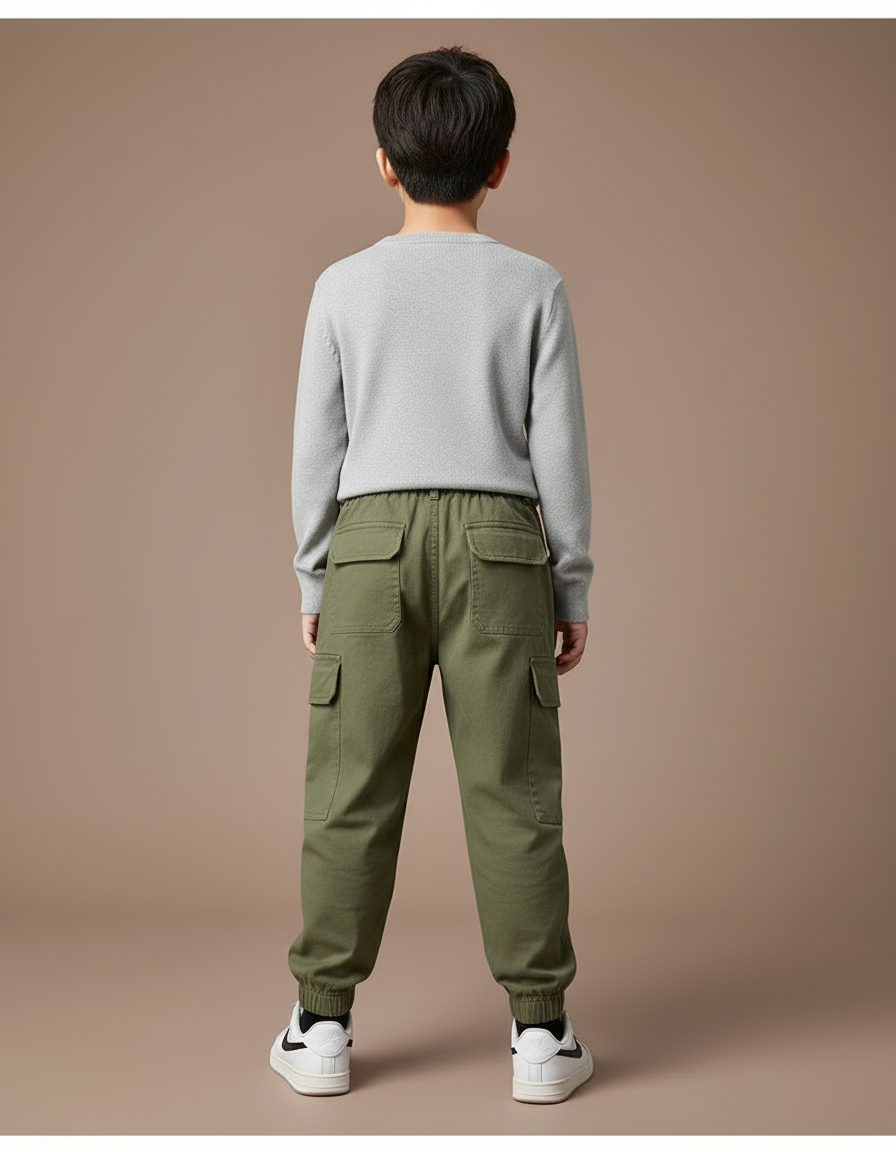 Pantalon Cargo Vert Militaire Décontracté Multipoches Enfant - Kaki Toile - vue 2