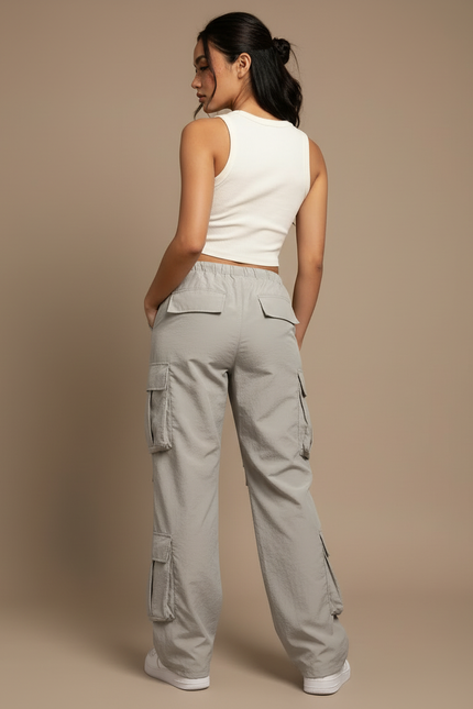 Pantalon Cargo Gris Ample Fluide Poches Femme - Polyester - vue 2